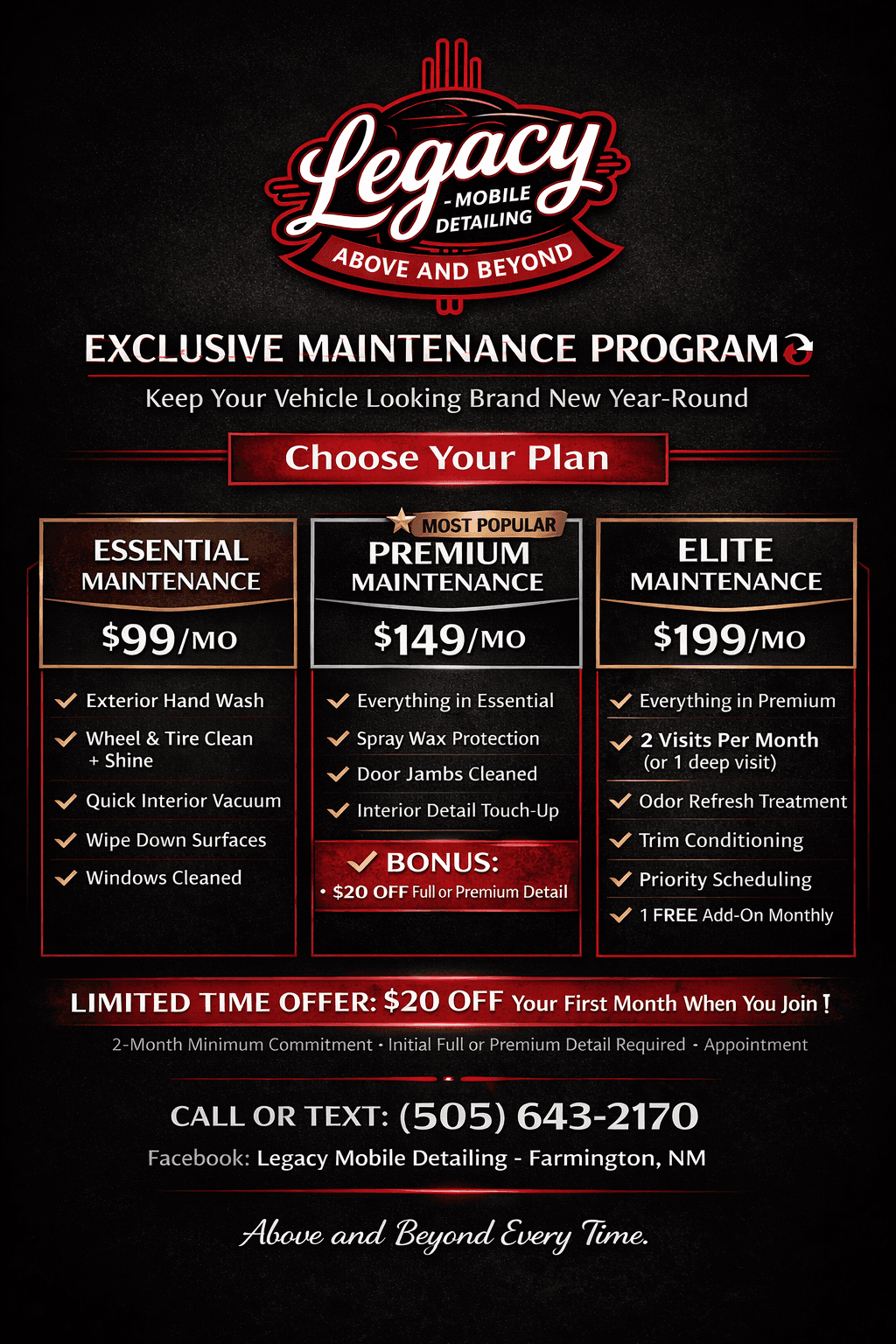 Legacy Mobile Detailing monthly maintenance program for Farmington NM customers